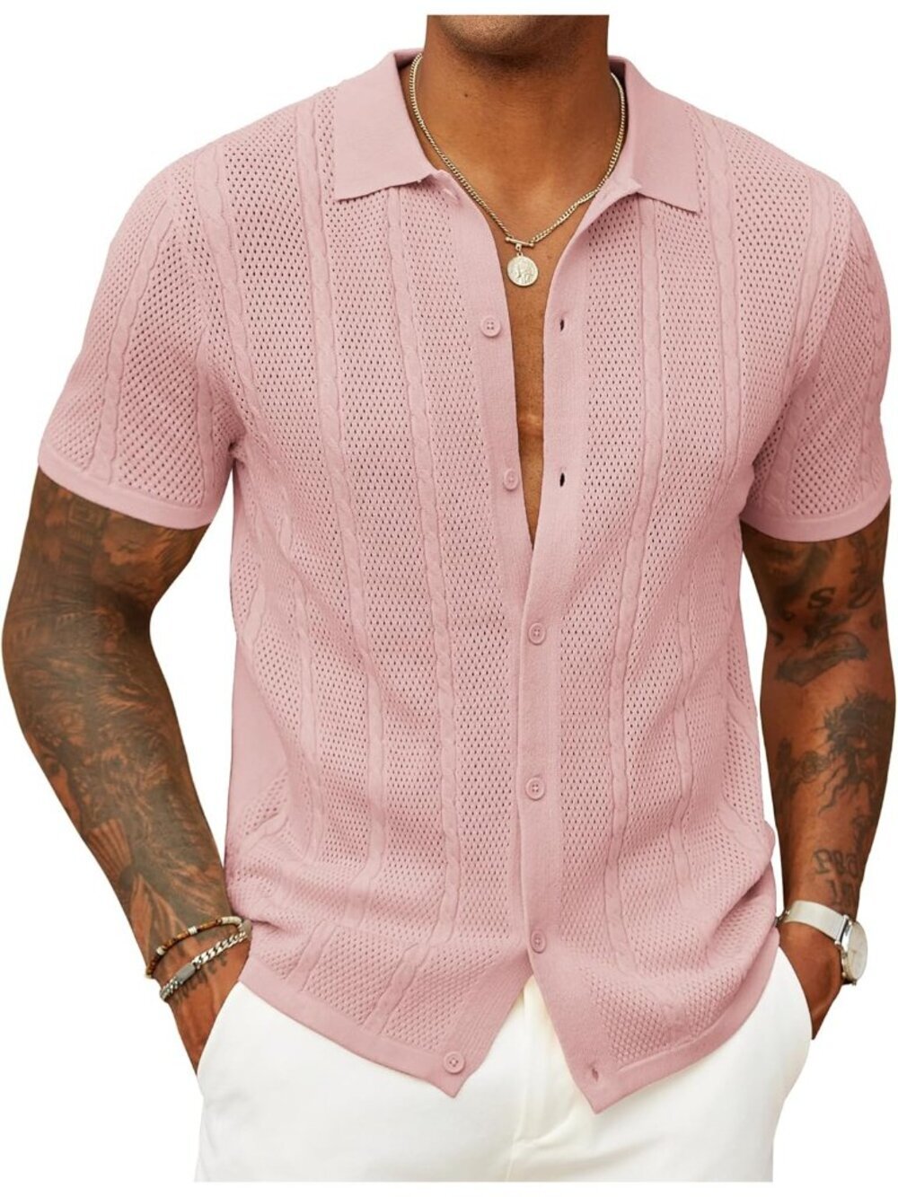Men's Light Pink Short Sleeve Knit Button Down Shirt Casual Textured Polo Shirt